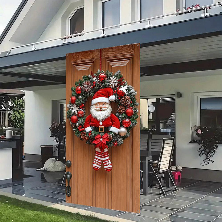 Decoraciones de Navidad - Elegantes cortinas de puerta de Navidad con corona de Papá Noel, decoraciones festivas para porche, material de poliéster, estilo contemporáneo, lavables a máquina, adecuadas para varios tipos de habitaciones.