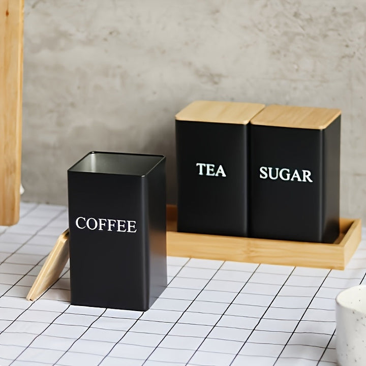 Juego de 3 contenedores de almacenamiento de metal elegantes con tapas de bambú - Perfectos para té, café y azúcar, con un diseño apilable, ideal para la organización y almacenamiento de la cocina.