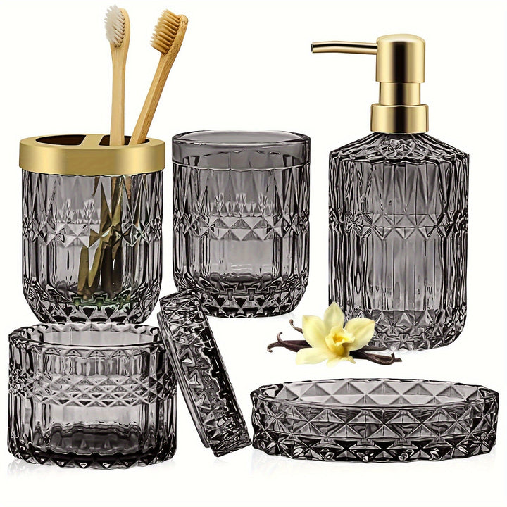 Juego de 5 piezas de vidrio de lujo para baño con recipiente para jabón, soporte para cepillo de dientes y dispensador de jabón para manos