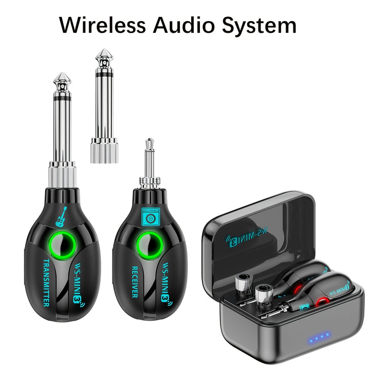 Sistema inalámbrico para guitarra de 2.4 GHz, material ABS negro, incluye transmisor, receptor, estuche para batería, carga magnética, compatible con audio mono de 6.35 mm y 3.5 mm, para instrumentos musicales eléctricos
