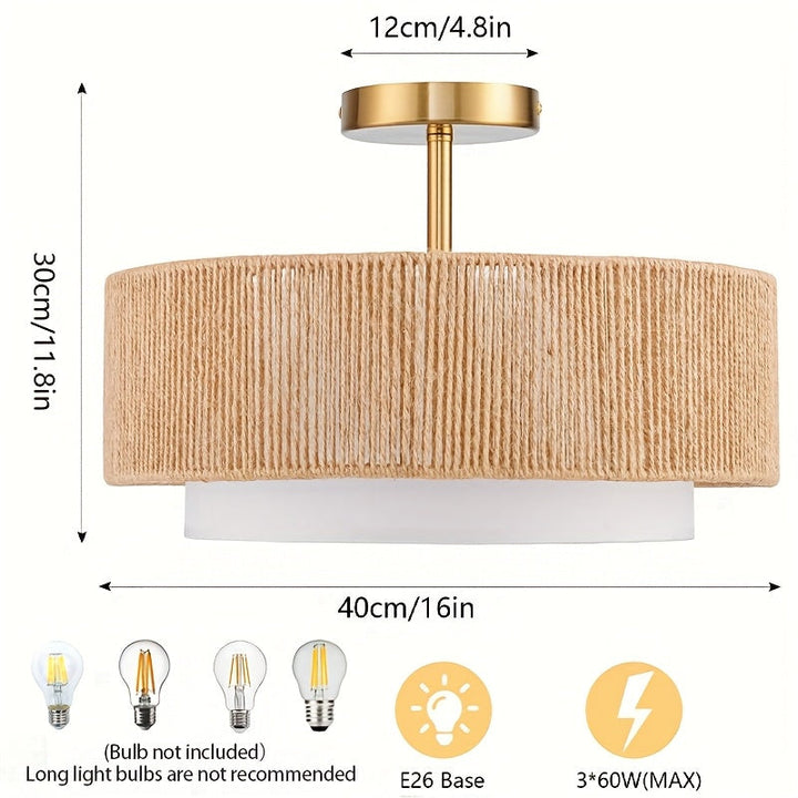 1 pieza de luz de techo integrada de rafia, 3 luces tejidas bohemias, montaje flush, iluminación de granja, moderna, hierro fundido y madera, para sala de estar, cocina, dormitorio, entrada - No incluye bombilla, cerca de la luz de techo