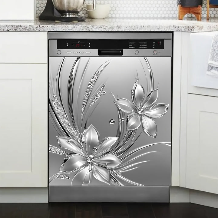 1 pieza de metal plateado con relieve de flores 2D, cubierta magnética para puerta de lavavajillas, decoración con imán, imán de flores de metal plateado, imán plateado, adecuado para decoración de pintura de cubierta de puerta de lavavajillas, póster de