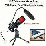 Microfono de Condensador USB ZEALSOUND con Soporte Trípode Ajustable, Iluminación RGB y Filtro Anti-Pop para Computadora - Plug & Play, Sin Controladores Necesarios para Transmisión, Juegos, Podcasts, Grabación de Voz - Compatible con PC, Portátil, Escri