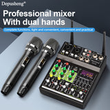 DEPUSHENG Mezclador de Audio Profesional de 4 Canales con Doble Micrófono Inalámbrico, Interfaz USB, Consola de Tablero de Sonido, Reproducción de MP3 - Ideal para Karaoke en Casa, Fiestas y Grabación en Estudio - Aleación Negra, Sistema de Karaoke para