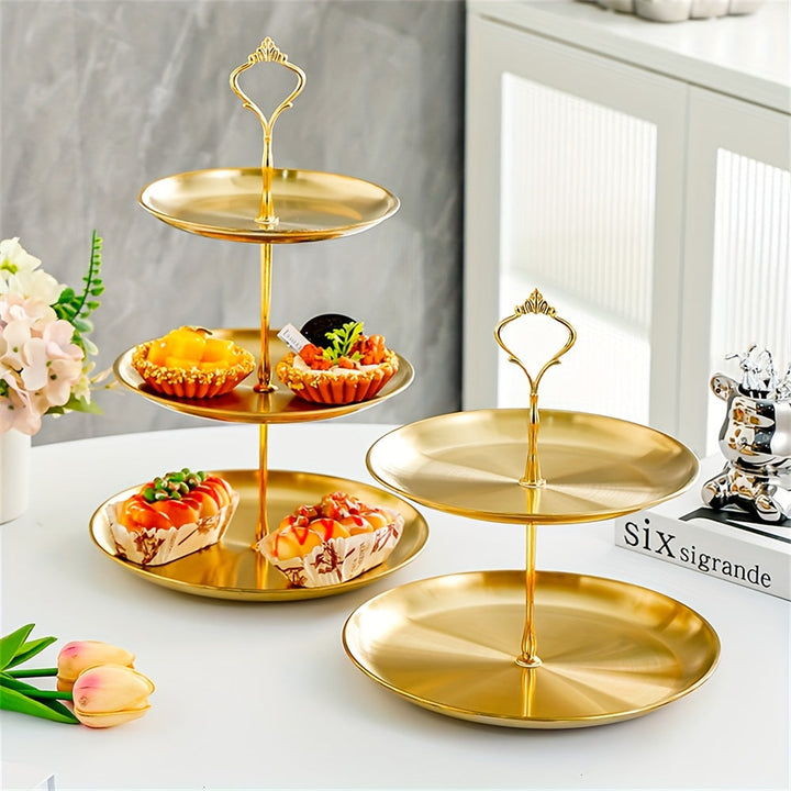 Soporte para frutas y postres de acero inoxidable dorado de 3 niveles, estilo coreano elegante, bandeja para servir bocadillos, pasteles y aperitivos, ideal para fiestas y uso en el hogar, soporte para postres | Bandeja escalonada | Construcción en acero