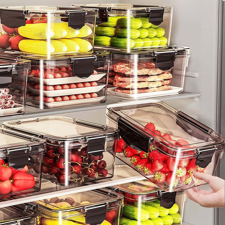 Juego de 3 Piezas de Contenedores para Refrigerador de Tres Tamaños, Recipientes Transparentes de Material Acrílico Premium Sellados, Aptos para Frutas, Verduras, Carne, Granos y Más, Cajas Multifuncionales para Conservación del Alimento en el Hogar