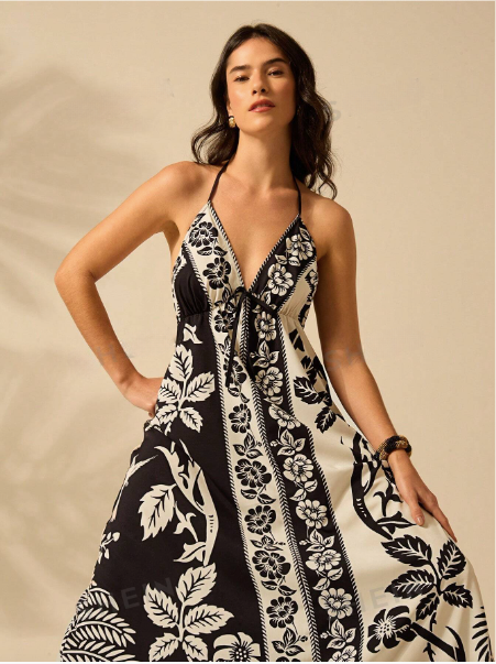 Vestido maxi casual de verano para la playa con estampado bohemio tropical de flores y árboles de coco, tirantes de espagueti y cordones, para mujer