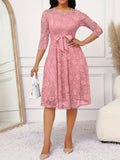 Vestido elegante con encaje floral, cinturón y dobladillo con volantes, cuello redondo y mangas 3/4, ideal para primavera y otoño, ropa de mujer