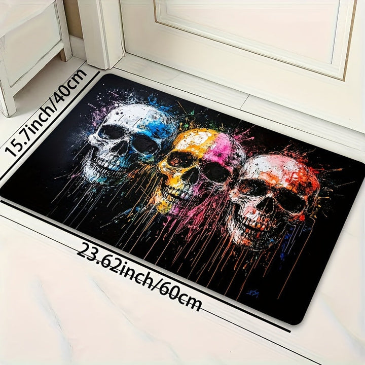 Alfombra de Entrada de Diseño de Cráneo Artístico - Lavable en Máquina, Rectangular, de Poliéster con Revestimiento de PVC, Alfombra Antideslizante para Entrada, Sala de Estar, Dormitorio, Cocina - Alfombra Decorativa de Suelo Hecha a Máquina