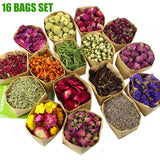 16 Bolsas de Flores Secas - Flores Secas Incluyendo Nomeolvides, Jazmín, Lavanda, Crisantemos, Rosas, Etc., Kit de Brujería, Decoración para el Hogar, Creación de Velas DIY, Creación de Marcos, Creación de Imágenes, Creación de Joyas.