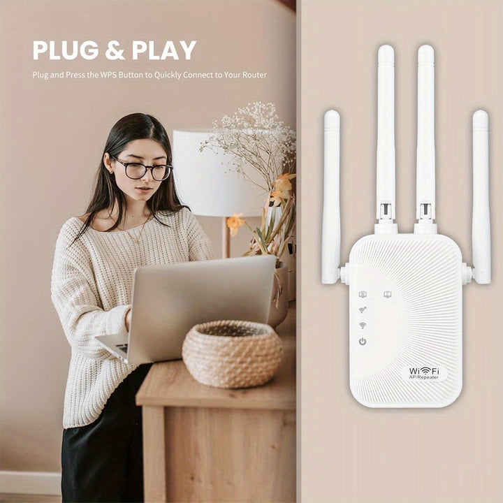 Amplificador de señal de WiFi, compatible con WIFI6, equipado con puerto Ethernet, con 4 antenas para cobertura de 360°, alcanzable hasta 11,000 pies cuadrados, adecuado para dispositivos de más de 35 pies cuadrados, haz clic para configurar el repetidor