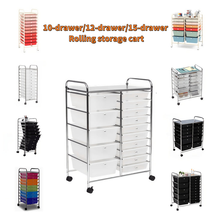Carrito de almacenamiento con ruedas, 10/12/15 cajones, estructura metálica y cajones de plástico, multifuncional, práctico para el hogar y la oficina (Blanco transparente/Negro avanzado/Color2)