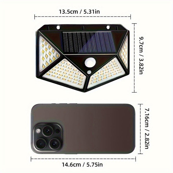 2 Piezas de Lámpara Solar Exterior Súper Brillante, 100 LED, Fuente de Luz Inteligente con Detección Automática en la Oscuridad, Carga Diurna Automática, Iluminación Cuatro Caras, Sensor de Movimiento Incluido, Carga Solar, Instalación Fácil