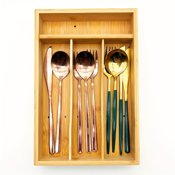 Caixa de Almacenamiento Extensible para Cubiertos de Teca, Organizador de Cajón de Teca, Bandeja para Utensilios con Divisores Estriados, Adecuado para la Organización de Cubertería y Herramientas de Cocina en Dormitorio o Sala de Estar
