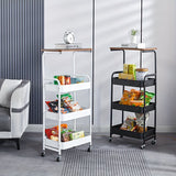 Carrito de Almacenamiento Versátil de 4 Niveles con Ruedas - Diseño Delgado, Tapa de Madera y Cestas de Malla para Cocina, Oficina, Baño - Estructura Metálica Duradera, Acabado en Polvo - Negro/Blanco, Ganchos de Utilidad