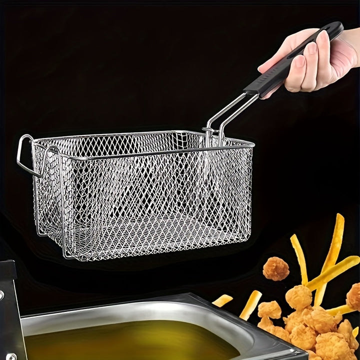 1 cesta de freír de acero inoxidable con mango de metal - Fácil de limpiar, plegable, resistente al calor, ideal para patatas fritas, alas de pollo | Herramienta de cocina comercial y doméstica, estructura de malla | Herramienta de cocina duradera, herra