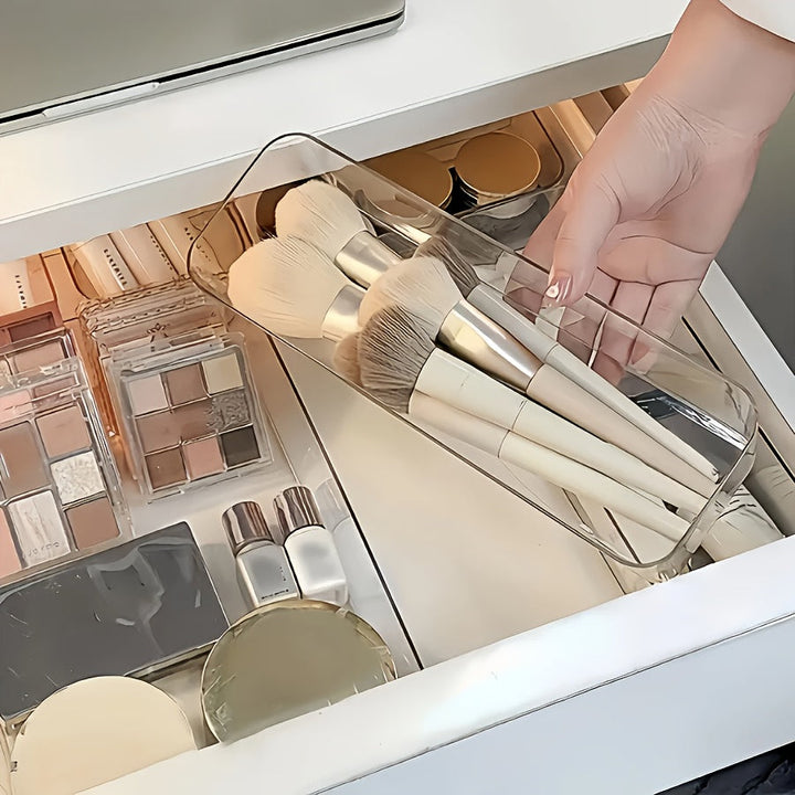 7/8 piezas de caja de almacenamiento de cosméticos de acrílico transparente, organizador de particiones integradas en cajón, caja de almacenamiento de papelería de oficina para encimera, organizador de escritorio y cajón para almacenamiento en casa.