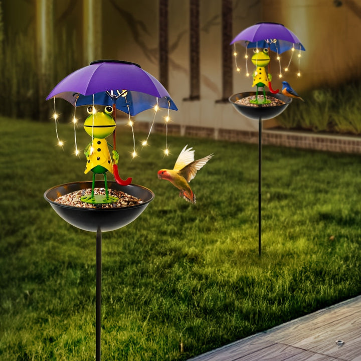 Comedero para pájaros con forma de rana solar y luz LED, decoración para jardines, caminos y patios. Apto para uso exterior