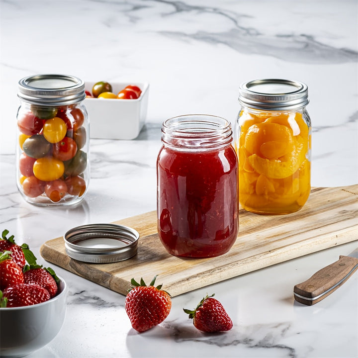 16 oz. Frascos de vidrio redondos Mason con tapas metálicas abatibles, herméticos, aptos para congelador, lavables a mano, ideales para enlatar, conservar, preparar comidas, almacenar granos - No se necesita electricidad