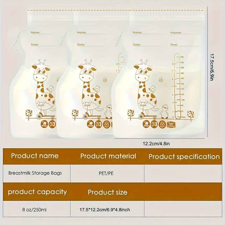 100 bolsas de almacenamiento de leche materna PP transparentes de 8 oz/250 ml, con pico vertedor, doble sellado, perfil plano y base autosoportable para refrigeración y congelación
