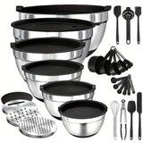 Juego de 22/32 tazones de acero inoxidable con tapa y rallador, anidables, antióxido, aptos para hornear, preparar, cocinar, mezclar ensaladas, servir alimentos, lavavajillas seguro, varios tamaños, ideal para Navidad, perfecto para Acción de Gracias