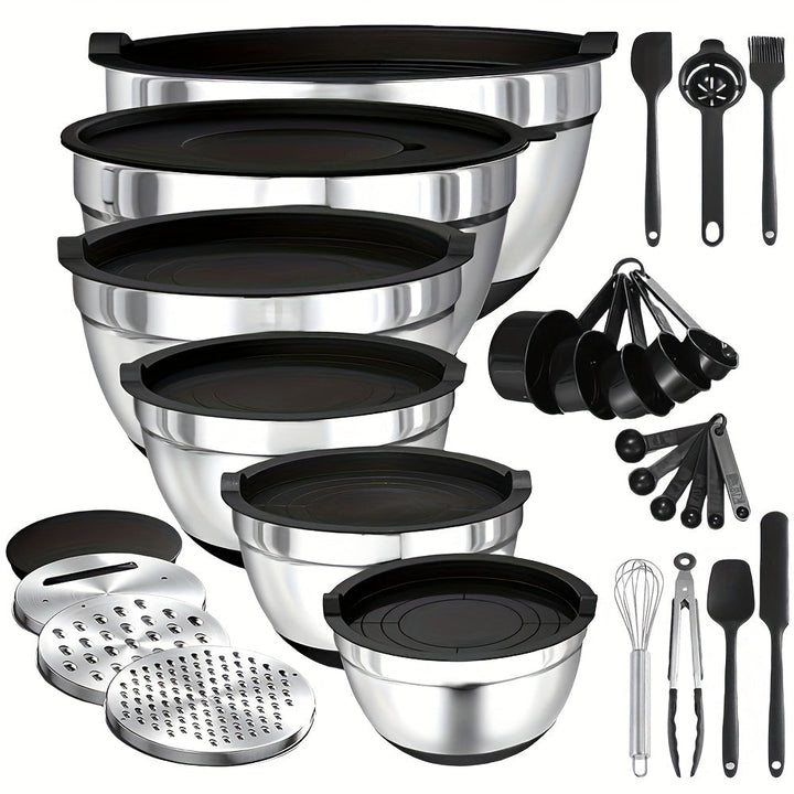 Juego de 22/32 tazones de acero inoxidable con tapa y rallador, anidables, antióxido, aptos para hornear, preparar, cocinar, mezclar ensaladas, servir alimentos, lavavajillas seguro, varios tamaños, ideal para Navidad, perfecto para Acción de Gracias