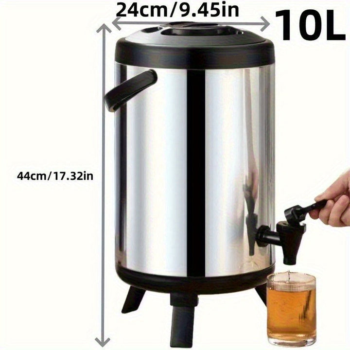Este es un recipiente multifuncional aislado para té y bebidas, fabricado en acero inoxidable, apto para uso al aire libre. Cuenta con una gran capacidad, una cubierta de múltiples capas para aislamiento y un diseño de fondo plegable.
