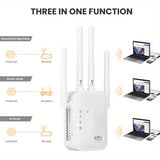 Amplificador de señal de WiFi, compatible con WIFI6, equipado con puerto Ethernet, con 4 antenas para cobertura de 360°, alcanzable hasta 11,000 pies cuadrados, adecuado para dispositivos de más de 35 pies cuadrados, haz clic para configurar el repetidor