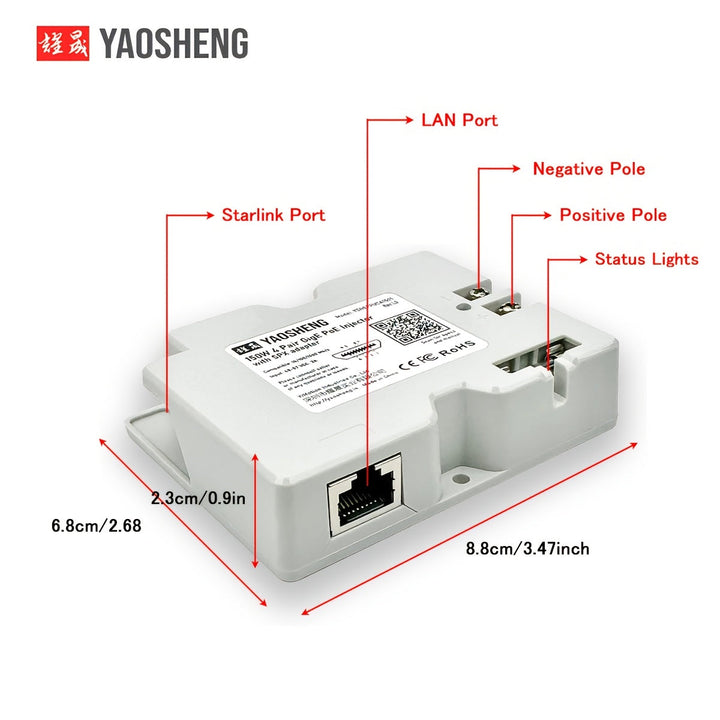 YAOSHENG Inyector PoE 150W 2-en-1 + Adaptador de Cable SPX para Uso Residencial Exterior para Starlink Gen2
