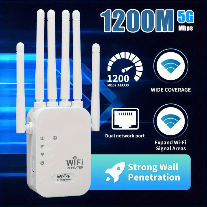 Amplificador de WiFi, Refuerzo de Señal WiFi, Extensor sin varillas WiFi, 300Mbps Doble Banda 2.4GHz, Cobertura Fuerte para 58 Dispositivos con 4 Modos y Configuración 1-TAP, 360° Cobertura Completa con 6 Antenas, Compatible con Puerto Ethernet Ideal par