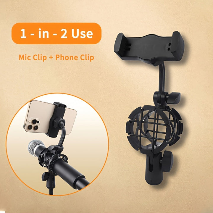 Soporte de teléfono con micrófono de ajuste de altura pesado con 2 en 1 función dual, diseño ergonómico resistente a los golpes y montaje portátil para coche - Manos libres para transmisión en vivo, podcasting, grabación de voz, grabación sin manos, cons
