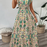 Vestido midi elegante para mujer con estampado floral, cuello en V, ajustado, mangas cortas y dobladillo con volantes - Lavable a máquina, vestido lápiz para todas las estaciones, ocasiones casuales o formales, estilo versátil y femenino, material durade