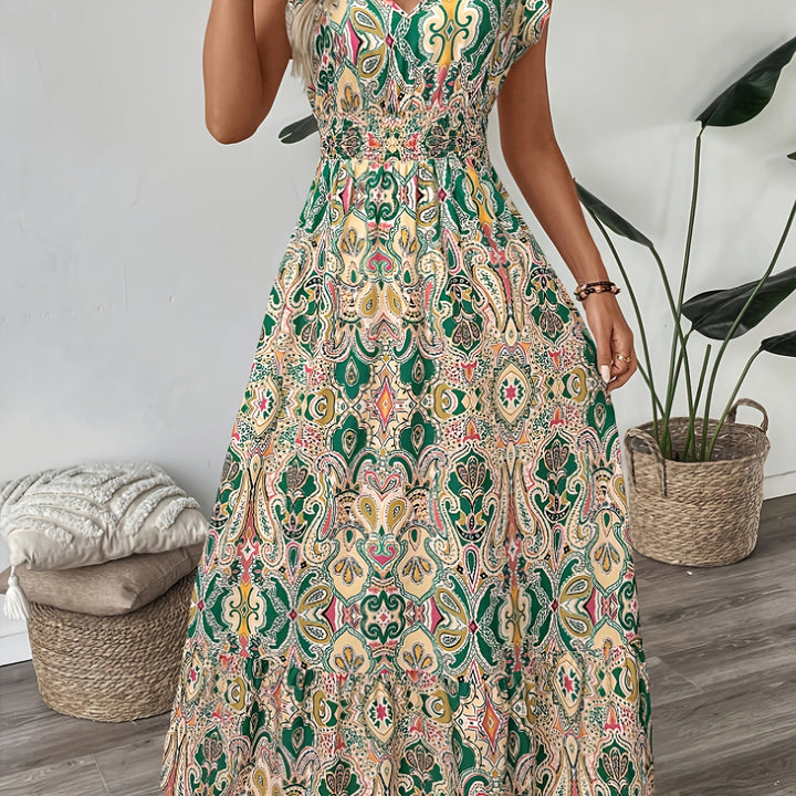 Vestido midi elegante para mujer con estampado floral, cuello en V, ajustado, mangas cortas y dobladillo con volantes - Lavable a máquina, vestido lápiz para todas las estaciones, ocasiones casuales o formales, estilo versátil y femenino, material durade