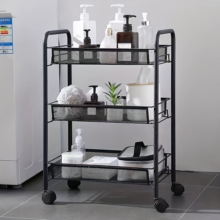 1 pieza de 3 niveles de carrito de almacenamiento de metal negro con poleas - Organizador versátil para cocina, dormitorio, baño, oficina y sala de estar, estante de canasta de alambre duradera, ensamblaje fácil, unidad de estantería versátil | Acabado m