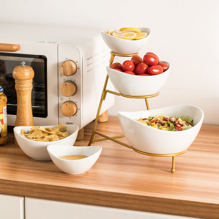 Juego de platos ovalados de 3 niveles para servir, ideal para fiestas, incluye platos para postres, entradas, dulces y vegetales, color blanco