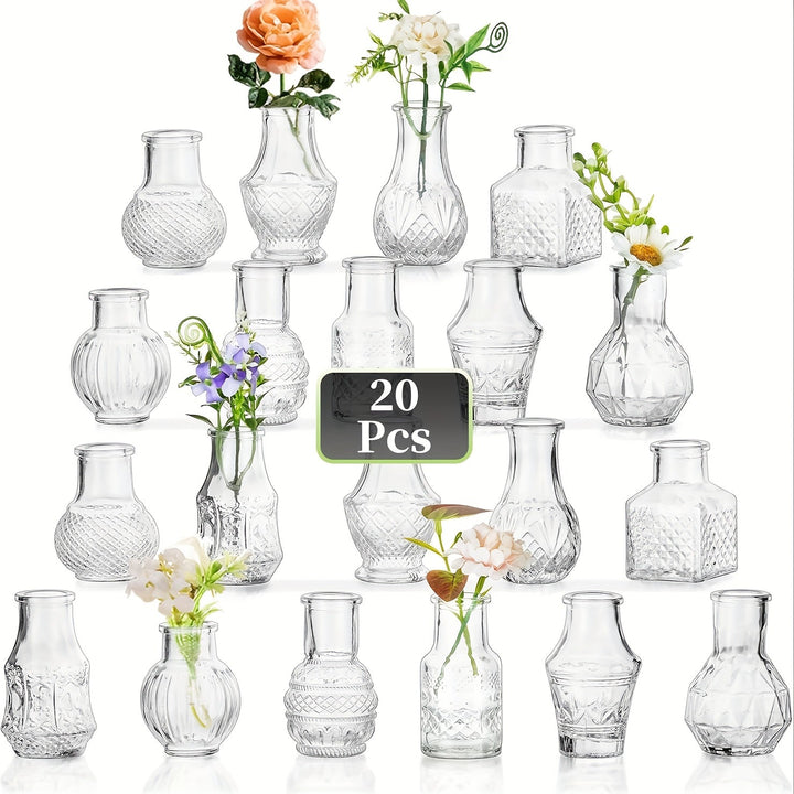 20 piezas de jarrones de flores de vidrio vintage para centros de mesa - Jarrón de flores transparente de miniatura, conjunto de diseños variados (flores, frutas, verduras), ideal para decoración del hogar, jarrones de decoración del hogar