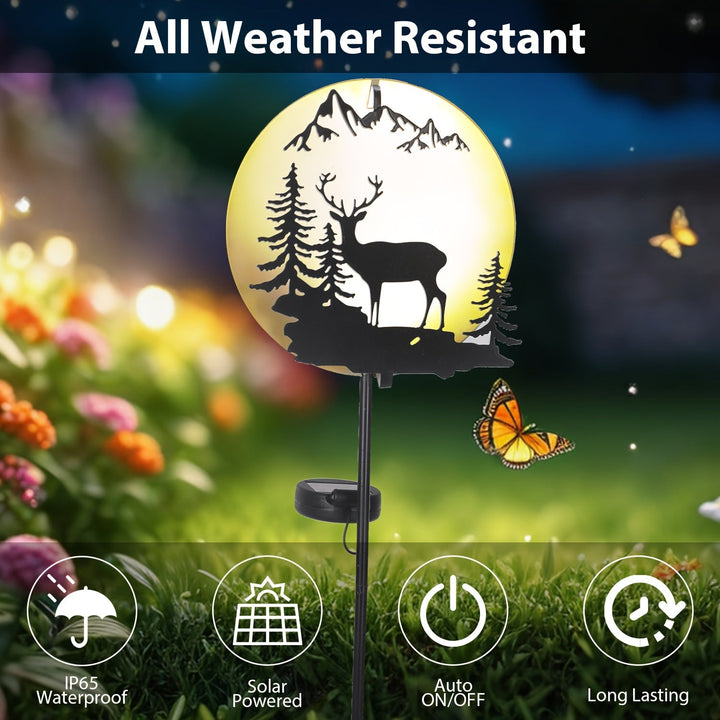 Una luz de jardín de reno solar, un poste de luz de ciervo circular de metal para la noche, con LED de alta luminosidad a prueba de agua de blanco cálido, adecuado para jardines festivos, jardines, patios, caminos, pasillos y decoraciones de jardinería.