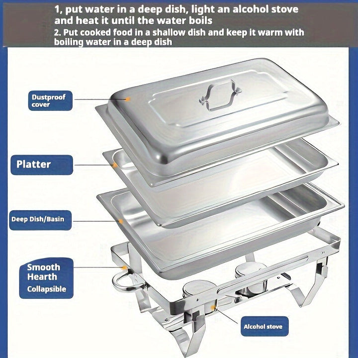Juego de platos de acero inoxidable aislados con estufa de cena, contenedor de calefacción comercial para hotel, restaurante y banquetes, termo rectangular plateado adecuado para catering, banquetes y fiestas, utensilios para servir.