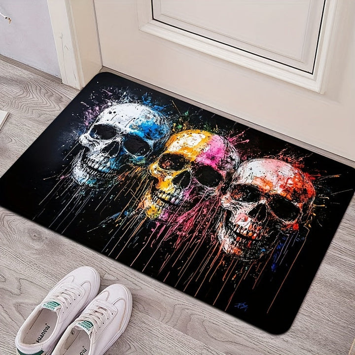 Alfombra de Entrada de Diseño de Cráneo Artístico - Lavable en Máquina, Rectangular, de Poliéster con Revestimiento de PVC, Alfombra Antideslizante para Entrada, Sala de Estar, Dormitorio, Cocina - Alfombra Decorativa de Suelo Hecha a Máquina