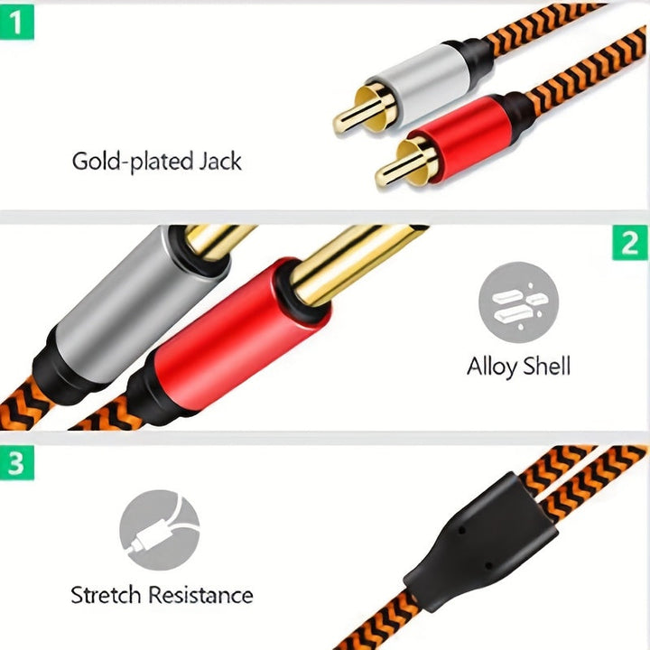 Cable doble naranja de 6,35 mm a doble RCA, adaptador divisor de cable de audio estéreo macho doble de 1/4 pulgada TS a 2 RCA macho estéreo