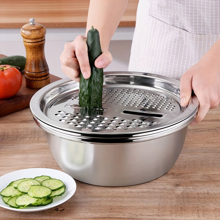 Juego de cocina de acero inoxidable de 3 piezas con rallador integrado, colador multifuncional y tazón de mezcla para lavar y cortar frutas, verduras, queso - Tazones de preparación de alimentos seguros con sistema de drenaje