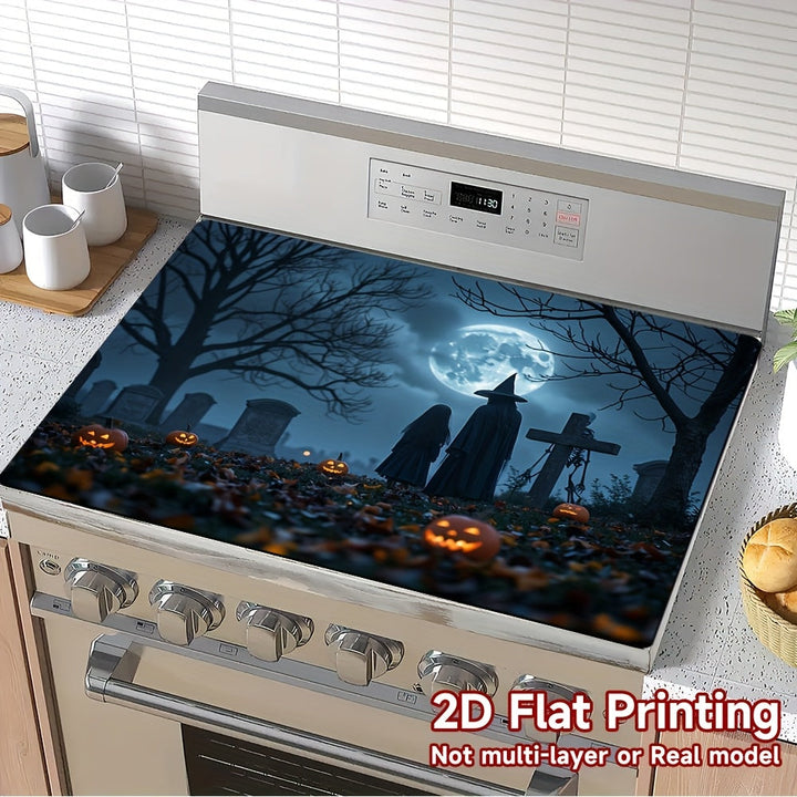1pc Protector de Estufa para Halloween - Diseño Espeluznante de Bosque con Calabazas, Sombreros de Bruja y Cementerio - Superficie Antideslizante, Decoración Fácil de Limpiar para Encimera, Lavadora, Secadora o Cafetera - Cubierta Festiva, Impresión de A