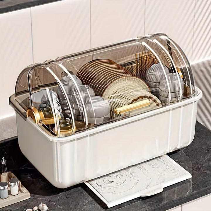 Gabinete de almacenamiento de platos y tazas de plástico para cocina, con estante de drenaje de platos y tazas a prueba de polvo, con tapa y ranura de almacenamiento de vajilla, gabinete multifuncional de almacenamiento de platos y tazas con placa de dre