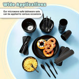 Juego de Vajilla Elegante de Plástico Negro de 32 Piezas - Incluye Platos, Cuencos, Tazas, Tenedores, Cucharas, Cuchillos - Reutilizable y Apto para Microondas - Ideal para el Hogar, Picnics, Regalos - Diseño Redondo Elegante Perfecto para Celebraciones