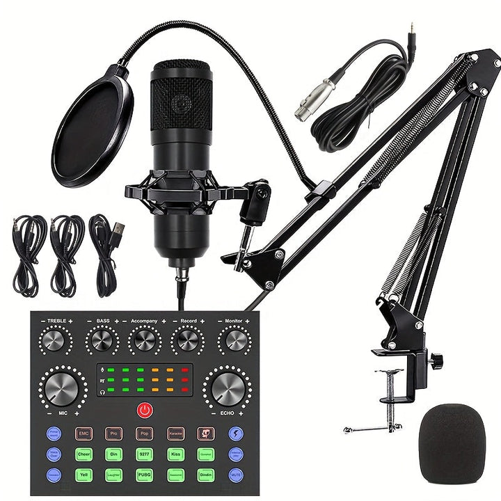 Kit de equipo para podcasts, interfaz de audio V8s equipada con una tarjeta de sonido en vivo múltiple y micrófono de condensador BM800, micrófono para podcasts, muy adecuado para grabaciones y transmisiones en vivo