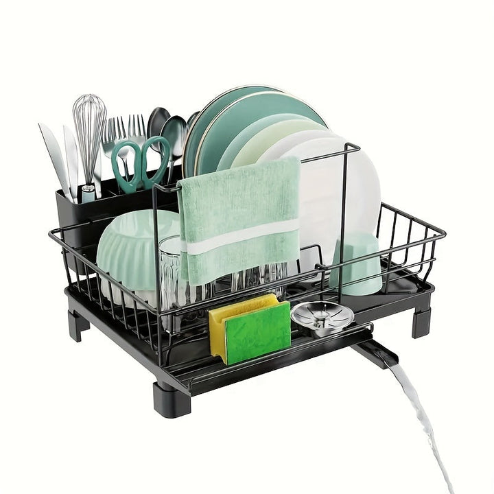 Escurridor de platos compacto de metal con porta utensilios y desagüe, ahorrador de espacio para cocina o fregadero, ideal para autocaravanas y apartamentos pequeños