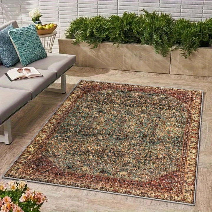 Alfombra de Exterior Seven Deer Lavable a Máquina - Poliéster Ultra Suave, Diseño Geométrico y Cuadros, Base Antideslizante, Color Marrón Rojizo, Tamaño Grande hasta 2.16m² para Camping, Jardín o Patio de RV