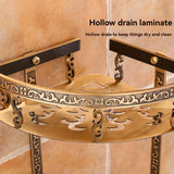 Elegante estante de ducha de esquina con acabado de latón estilo europeo antiguo - Soporte de almacenamiento de pared de aluminio para baño, diseños florales decorativos, no incluye tuberías metálicas, decoración y accesorios para el baño.