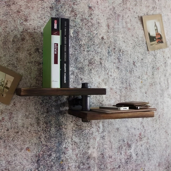 Estante de pared rústico de madera con doble estante, estilo industrial americano, diseño de tubería vintage, estante de almacenamiento multiusos con tubería de metal, acabado pintado, para uso doméstico y de cocina