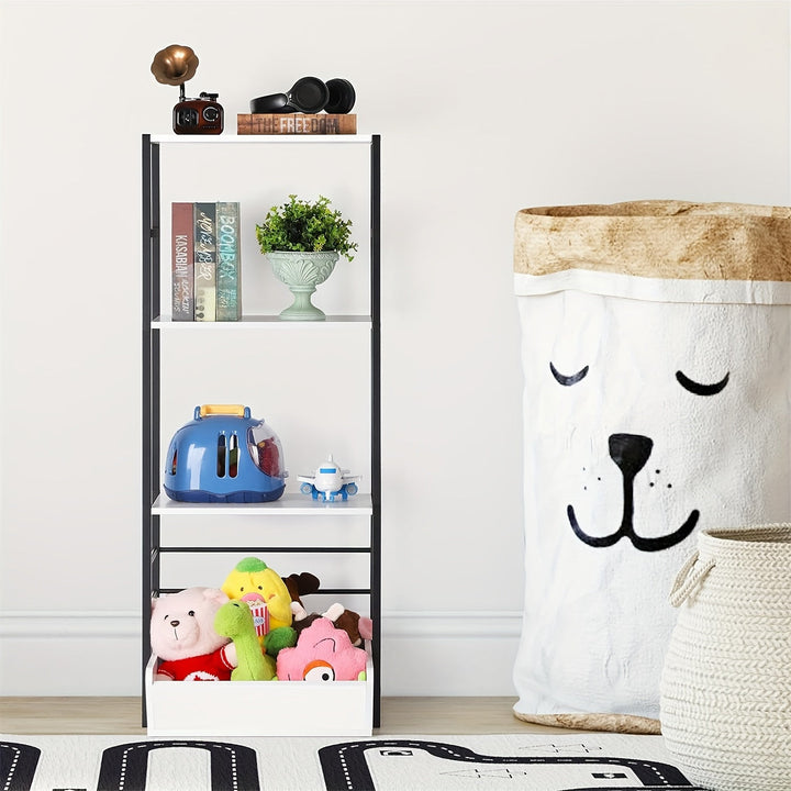 Librería de Madera Blanca Versátil de 4 Niveles & Organizador de Juguetes - Montaje Fácil, Estructura Metálica para Almacenamiento en el Hogar